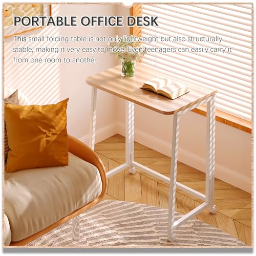 4NM 23.6" Mobile Small Folding Desk, Foldable Rolling Computer Home Office Desk, Study Writing Table for Small Space Saving Bedroom, with Wheels - Natural and White - color: Natural and White, size: 23.6"W x 15.7"D