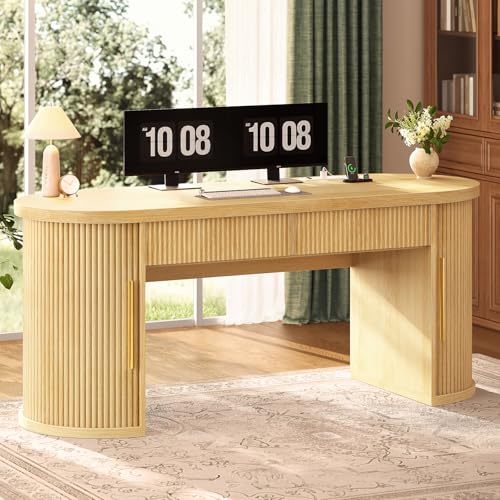 SEDETA Office Desk with 2 Drawers, 58.3" x 21.7" Fluted Computer Desk with 2 Sliding Doors Storage and Power Strip, Wood Executive Desk for Home Office, Light Oak - color: Light Oak, size: 58.3"