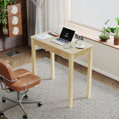 Solid Wood Desk with Drawers - 32 x 16 Inch Simple Narrow Desks, Rubber Wood Study Table, Small Writing Desk for Bedroom|Small Spaces - Natural Boho Desks - color: Natural, size: 31.5 in W x 15.7 in D