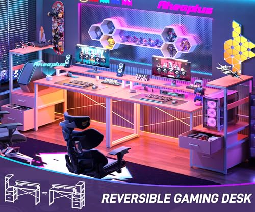 Aheaplus Gaming Desk with LED Strip & Power Outlet, 59Inch Reversible Computer Desk with Monitor Stand & Storage Shelves, Home Office Desks with Fabric File Drawer, Gamer Table PC Desk, Pink - color: Pink