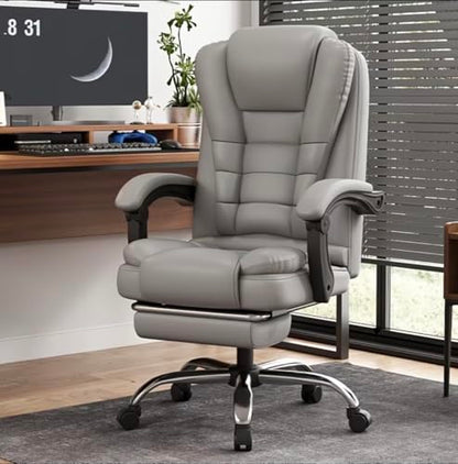 Executive Office Chair, High Back Reclining Swivel Computer Chair with Footrest, Gray Faux Leather, Adjustable Height (Grey)