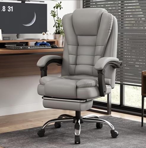 Executive Office Chair, High Back Reclining Swivel Computer Chair with Footrest, Gray Faux Leather, Adjustable Height (Grey)
