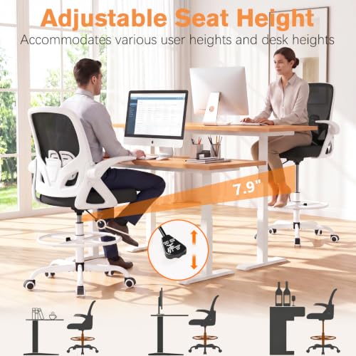 ORRSAKER Drafting Chair, Tall Office Chair with Flip-up Arms, Mesh Ergonomic Computer Standing Desk Chair with Adjustable Height Foot Ring and Lumbar Support, 300 LBS Capacity, White - color: White