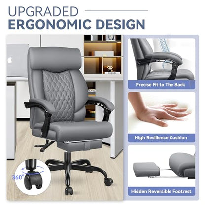 Office Chair, Big and Tall Office Desk Chair, Reclining Office Chair with Footrest Home Office Desk Chairs, High Back Ergonomic with Lumbar Support, Executive Leather - color: Grey, style: With Footrest