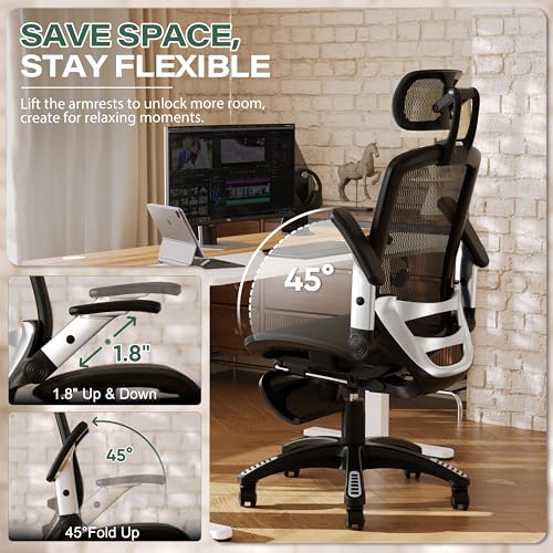 GABRYLLY Ergonomic Office Chair with Footrest, High Back Home Desk Chair - 3D Headrest, Flip-Up Arms, 135° Tilt and Wide Cushion, Heavy Duty Mesh Chairs for Task Computer Gaming, GYB01-FT - color: Obsidian Black