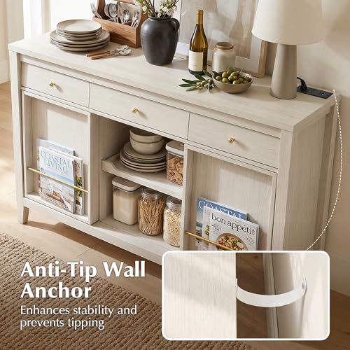 Buffet Cabinet with Storage, Modern Sideboard Cabinet with 3 Drawers, 2 Sliding Doors & Pull-Out Shelf, Coffee Bar Cabinet with Charging Station, Beige
