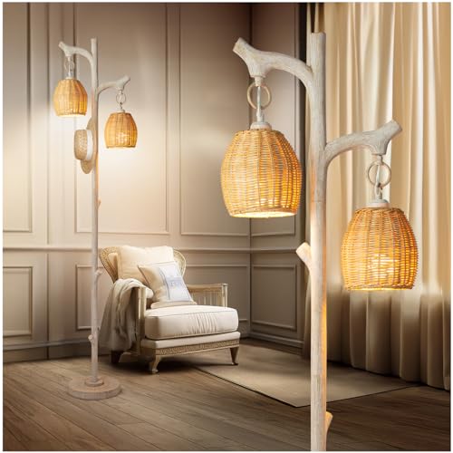 Scenekoy 68" Tall Floor Lamp with Wicker Drum Shade, Foot Switch Dimming | Tree Trunk Washed White Finish, Resin Farmhouse Rustic Standing Lamp with Bulb, Decor for Living Room Bedroom Reading Room - color: Washed White