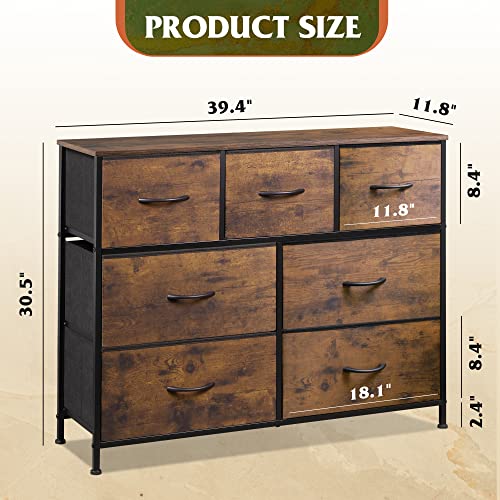 WLIVE 7 Drawer Dresser TV Stand, Entertainment Center, Media Console Table with Metal Frame and Wood Top for TV up to 45 inch, Chest of Drawers for Bedroom, Living Room, Rustic Brown Wood Grain Print - color: Rustic Brown Wood Grain Print