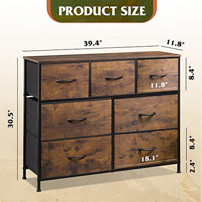 WLIVE 7 Drawer Dresser TV Stand, Entertainment Center, Media Console Table with Metal Frame and Wood Top for TV up to 45 inch, Chest of Drawers for Bedroom, Living Room, Rustic Brown Wood Grain Print - color: Rustic Brown Wood Grain Print
