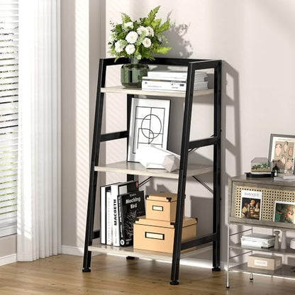 3-Tier Bookshelf, Ladder Shelf, Stand up Shelves, Industrial Bookcase with Steel Frame, Metal Small Bookcase, for Living Room, Home Office, Kitchen, Bedroom, Industrial Style（Greige & Black） - color: Greige & Black, size: 3 Tier (11.8"D x 16.5"W x 31.3"H)