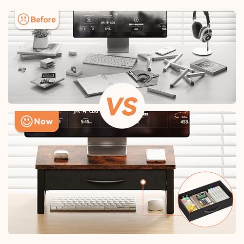 Computer Monitor Stand Riser with Drawer, 2-Tier Desk Accessories & Workspace Organizers, Laptop Stand for Desk with Storage, Office Organization, Wood