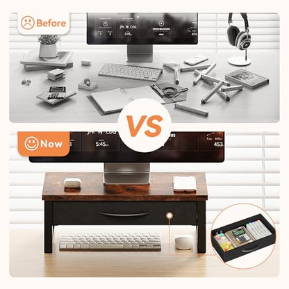 Computer Monitor Stand Riser with Drawer, 2-Tier Desk Accessories & Workspace Organizers, Laptop Stand for Desk with Storage, Office Organization, Wood