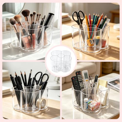 Acrylic Makeup Brush Holder, Clear Rotating Makeup Brush Holder Organizer, 5 Slot Make up Brush Stand for Vanity Desk Countertop Bathroom (Flower) - size: Flower- 6in