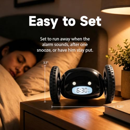 CLOCKY Runaway Digital Loud Rolling Alarm Clock for Heavy Sleeper Adults - color: Black Black Wheels