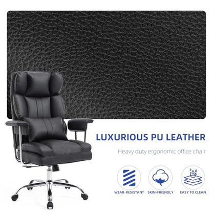 Big and Tall Office Chair with Footrest,400 lbs Heavy Duty Executive Chair | PU Leather High Back Wide Desk Chair,135° Reclining,Pocket Spring Back Support and Matching Lumbar Pillow - color: Black