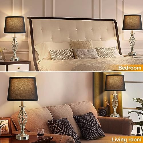 Table Lamp for Bedroom Set of 2 with USB C+A Ports,Modern Night Stand Lamps - color: Silver Base + Black Lampshade