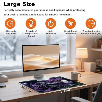 Heated Desk Pad 23.6" x 14.2" 3 Large Heated Mouse Pad with Heat Levels (40°C/45°C/50°C) & 3H Auto Shut-Off Desk Mat Fast Heating PU Leather Warmer Mousepad for Home Office - Purple Rose Flowers - color: Purple Rose Flowers, size: 23.6 x 14.2 inch
