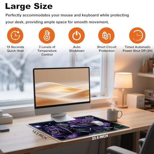 Heated Desk Pad 23.6" x 14.2" 3 Large Heated Mouse Pad with Heat Levels (40°C/45°C/50°C) & 3H Auto Shut-Off Desk Mat Fast Heating PU Leather Warmer Mousepad for Home Office - Purple Rose Flowers - color: Purple Rose Flowers, size: 23.6 x 14.2 inch