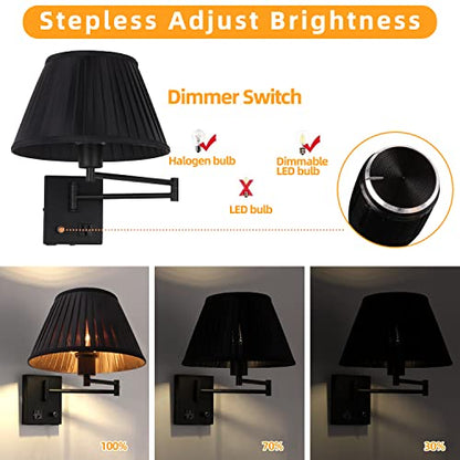 17" Swing Arm Wall Lamp USB & AC Outlet, Dimmable, Black - color: Black