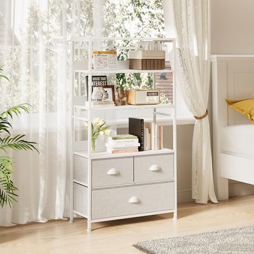 6 Tier Bookshelf, Bookcase with 3 Storage Drawers, Wood and Metal Book Shelf Storage Organizer, Industrial Display Standing Shelf Unit for Bedroom, Living Room, Rustic Brown, White - color: White