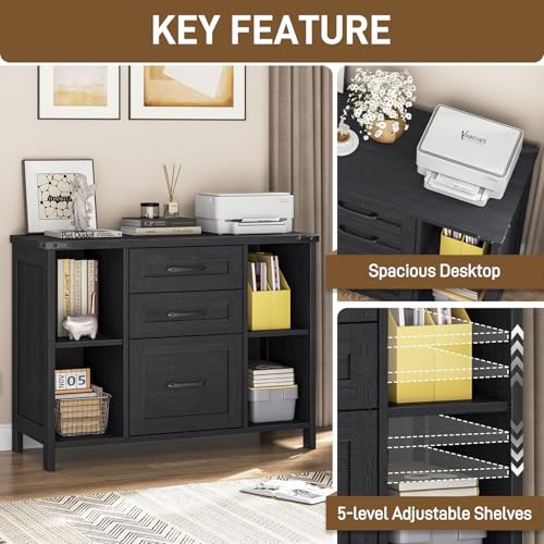 Vabches File Cabinet with 3 Drawers, Farmhouse Lateral File Cabinet Fits Files Letter/A4 Size, Wooden Filing Cabinet with Adjustable Shelves Printer Stand for Home Office, Black - color: Black
