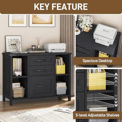 Vabches File Cabinet with 3 Drawers, Farmhouse Lateral File Cabinet Fits Files Letter/A4 Size, Wooden Filing Cabinet with Adjustable Shelves Printer Stand for Home Office, Black - color: Black
