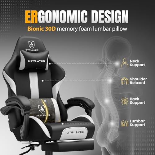 GTPLAYER Gaming Chair with Foot Rest & Pocket Spring Cushion, Ergonomic High Back Computer Chair with Headrest & 360°-Swivel Seat for Home Office Desk, PU Leather, White/Black - color: White-black, size: Faux Leather