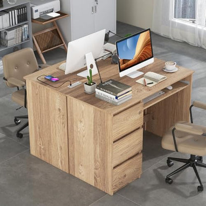 Tangkula Computer Desk with 3 Storage Drawers & Built-in Charging Station, Home Office Desk with Keyboard Tray, PC Desk Study Writing Desk, Vanity Table for Bedroom, Computer Workstation (Natural) - color: Natural