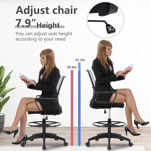 PayLessHere | Drafting Chair | Grey | Tall Office Chair with Adjustable Seat Height & Footrest, Ergonomic Mesh Back, Lumbar Support, 360 Degree Swivel Rolling Wheels | for Workspaces & Home Office - color: Grey