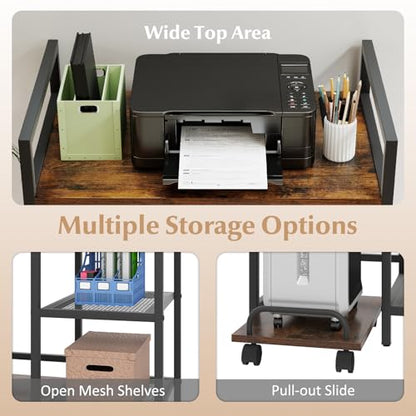 Giantex 3-Tier Printer Stand with Charging Station, 2 Open Storage Shelves, Side PC Stand on Wheels, 25" x 16" Mobile Printer Table for Computer Tower, Printer Shredder, Fax, Under Desk, Home Office - color: Rustic Brown & Black