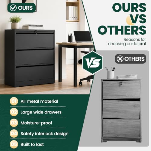 3 Drawer Lateral File Cabinet, Metal Filing Cabinet for Home Office, Black | Heavy-Duty Steel Locking Large File Cabinet, Hanging Letter/Legal/A4 Size, Full-Extension Silent Drawer, Un-Assembly - color: Black, size: 3 Drawers (35.43 in Width)
