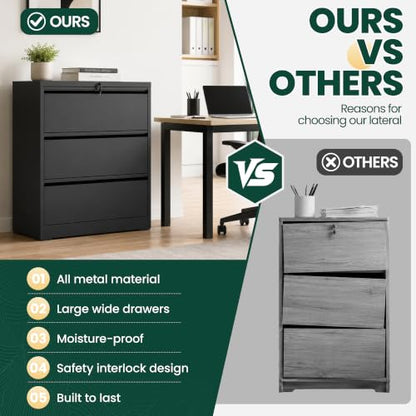 3 Drawer Lateral File Cabinet, Metal Filing Cabinet for Home Office, Black | Heavy-Duty Steel Locking Large File Cabinet, Hanging Letter/Legal/A4 Size, Full-Extension Silent Drawer, Un-Assembly - color: Black, size: 3 Drawers (35.43 in Width)