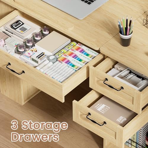 Drafting Table with Storage Cabinet & Drawers, Adjustable Drawing Desk with Open Shelves, Craft Table Painting Desk for Artists, Painters, Drawing, Crafting, Reading, Writing, Working - color: Oak