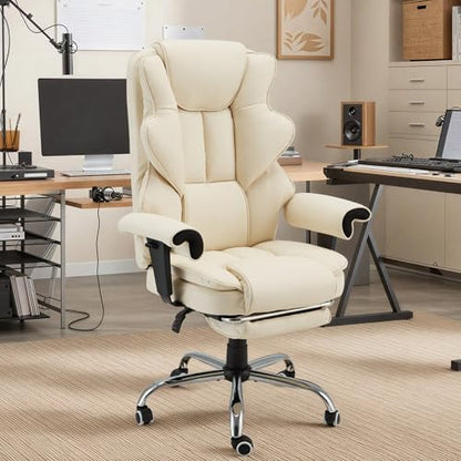 Ergonomic Executive Office Chair, 6-Point Massage Manager Chair with Heating Function, Adjustable Backrest Home Office Chair with Adjustable Footrest and Armrests (Beige) - color: Beige