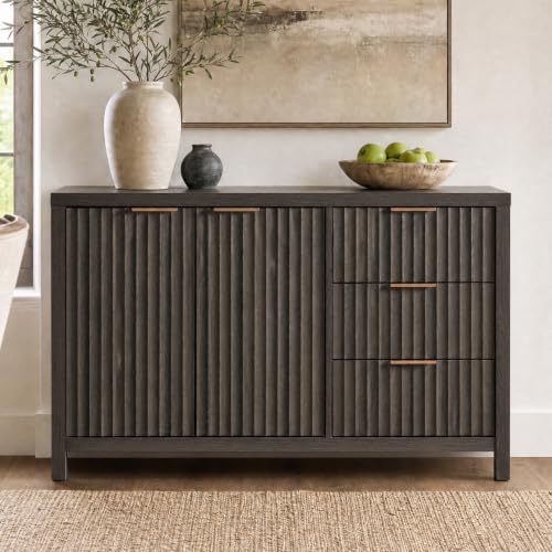 OAKHAM HOME Fluted Sideboard Cabinet 46.6" Black Oak | Buffet Cabinet, 2 Doors and 3 Drawers, Modern Storage Credenza, Adjustable Shelves, For Living Room, Entryway or Kitchen - color: Black Oak, size: 15.4"D x 46.6"W x 29.2"H