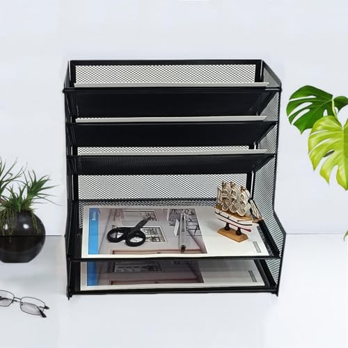 SETTFRFE 5-Tier Metal Desk File Organizer, File Tray Rack | 3 Slanted+2 Horizontal Paper File Holder for Office Supplies,Multi Layer Letter Tray,Home Office Desktop Storage Rack,Black