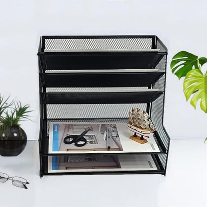 SETTFRFE 5-Tier Metal Desk File Organizer, File Tray Rack | 3 Slanted+2 Horizontal Paper File Holder for Office Supplies,Multi Layer Letter Tray,Home Office Desktop Storage Rack,Black