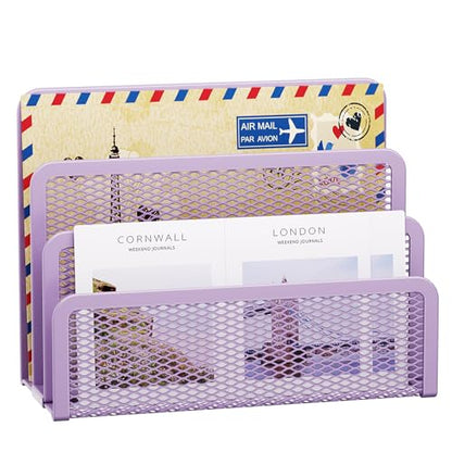 Marbrasse Mail Organizer for Desk, 3-Slot Mesh Metal Mail Holder countertop, Letter Holder, Office Desktop Envelope and Document Storage Rack (Purple) - color: Purple