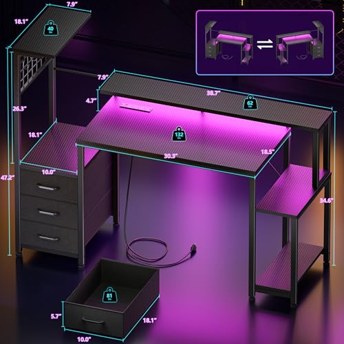 Korfile 48" Gaming Desk with Power Outlet, LED, Carbon Fiber Black Finish - size: 48 Inches