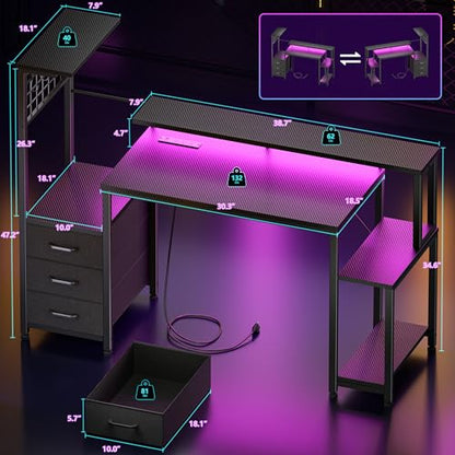 Korfile 48" Gaming Desk with Power Outlet, LED, Carbon Fiber Black Finish - size: 48 Inches