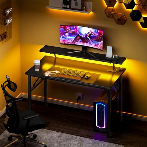 DlandHome 39" Computer Desk with Power Outlets & LED Lights, Black, Bedroom - color: Black + Black, size: 39 Inches + Outlets