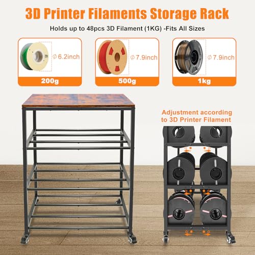 3D Printer Stand with Filament Storage, 4-Tier 3D Printer Table Cart Filament Storage Rack with Wheels, Heavy Duty Metal 3D Printer Desk Shelf for Studio Garage Office Workshop