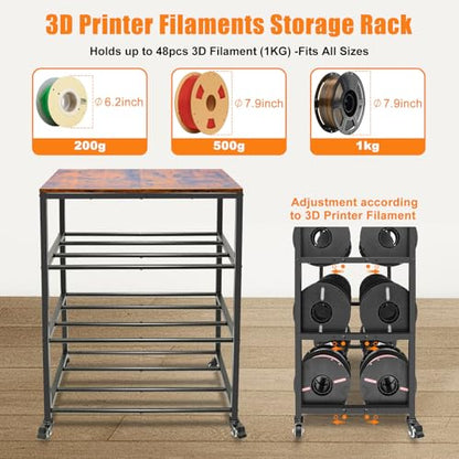 3D Printer Stand with Filament Storage, 4-Tier 3D Printer Table Cart Filament Storage Rack with Wheels, Heavy Duty Metal 3D Printer Desk Shelf for Studio Garage Office Workshop