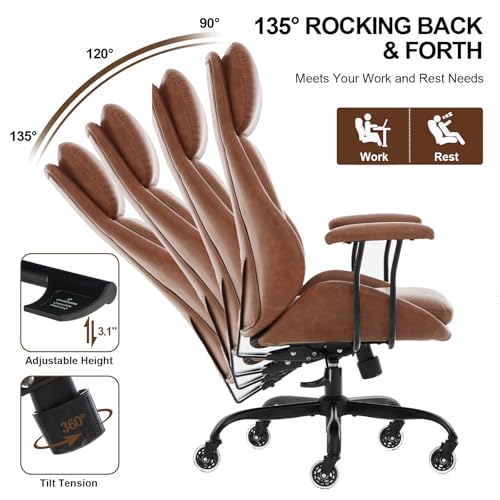 Leather Executive Office Chair, Computer Desk Chair, Brown | Ergonomic, Rubber Wheels, Lumbar Support, 360° Swivel, High Back, Adjustable Height, for Modern Home Office - color: Espresso Brown