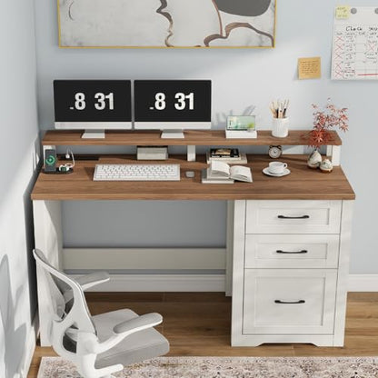 Vabches 47" Farmhouse Executive Desk with 3 Drawers,LED Lights,Unique White - color: Unique White, size: 3 Drawers & Monitor Stand