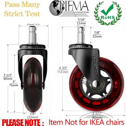 HOSALI Office Chair Casters, 3 Inch Wheels for Office Chair, 11x22mm Rubber Caster Replacement Wheel Safe for All Floors Including Hardwood & Carpet, Set of 5, Red - style: Red