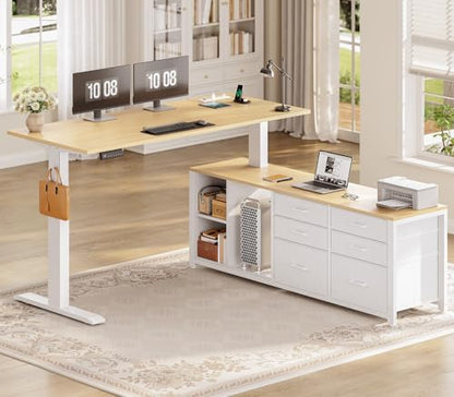 SEDETA L Shaped Electric Standing Desk with 6 Fabric Drawers, Storage - color: Oak
