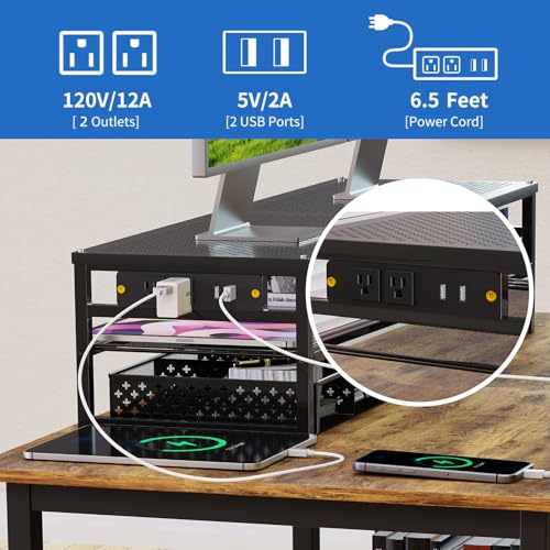 Simple Trending 2-Tier Metal Dual Monitor Stand with USB & 2 Drawers, Black | 32"W x 10"D x 7"H. USB 2.0 + charging port. 2 drawers. Mesh cooling vents. Holds 100 lbs. Non-slip base. Cable ties included.