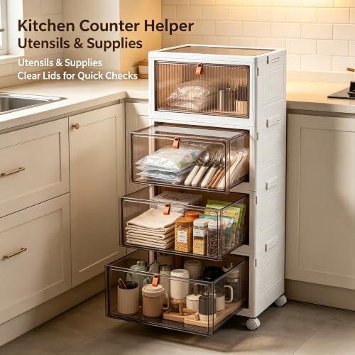 4-Tier Foldable Plastic Drawer Storage with Wheels,Stackable Storage Bins with Lid,Organization and Storage Boxes for Kitchen,Cloakroom,Closet,Living Room,Office and Dorm - size: 15.35''