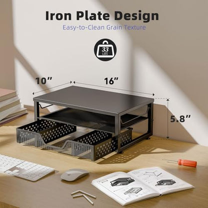 Simple Trending 2-Tier Monitor Stand Riser, Laptop & Printer Stand, Black | Metal Desk Organizer with Drawer, Desktop Organizer, Sturdy Material, for Home Office, 16.34"W x 10.35"D x 3.5"H - size: 16.34"W x 10.35"D x 3.5"H